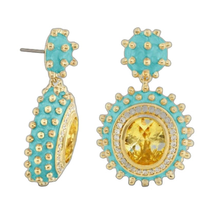 Fresh Fantasy Earrings by Lauren G Adams, turquoise enamel drops with gold-tone beads and a central yellow gemstone, pair on Tampa Home & Garden Store