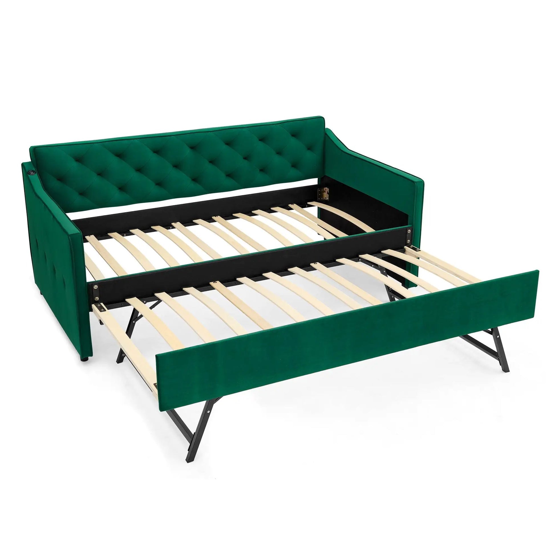 Daybed with pop-up trundle and USB charging armrest in emerald fabric by Unique Piece Furniture on Tampa Home & Garden Store