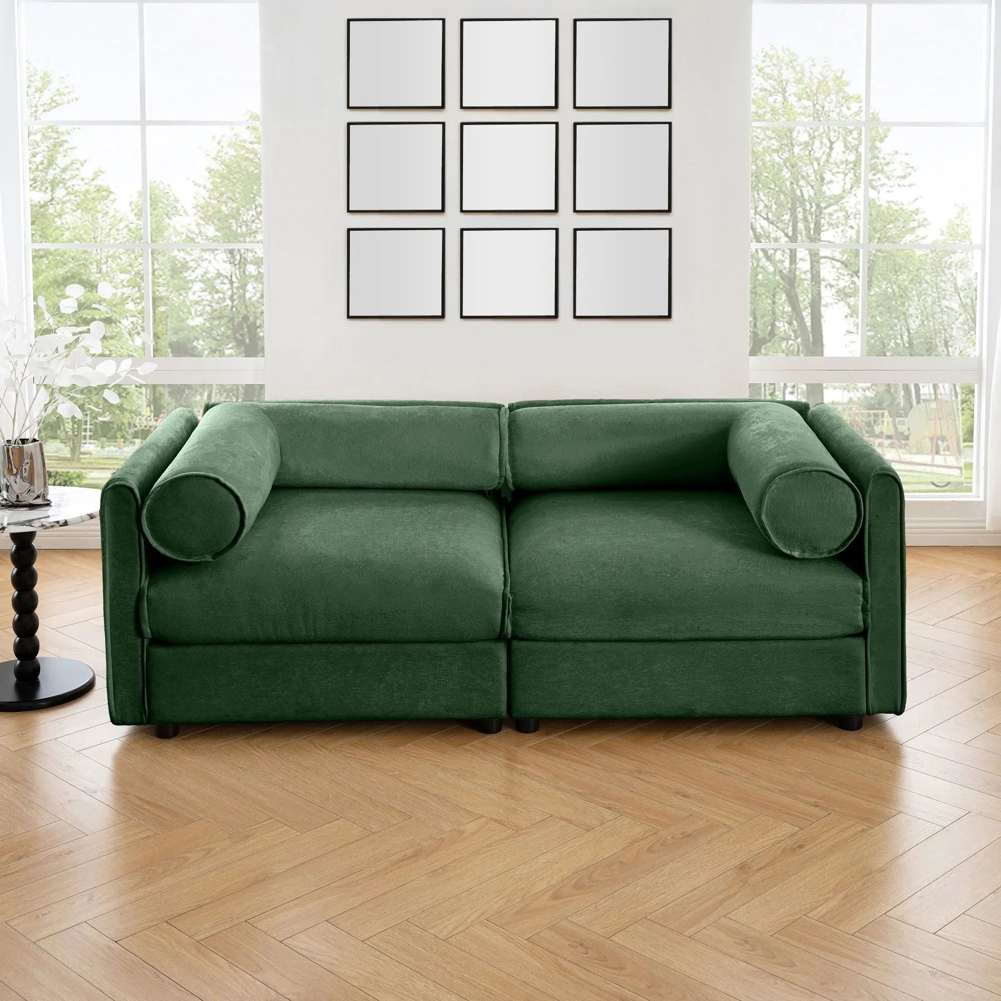Stylish storage sofa in green fabric with cylindrical backrests by Unique Piece Furniture on Tampa Home & Garden Store
