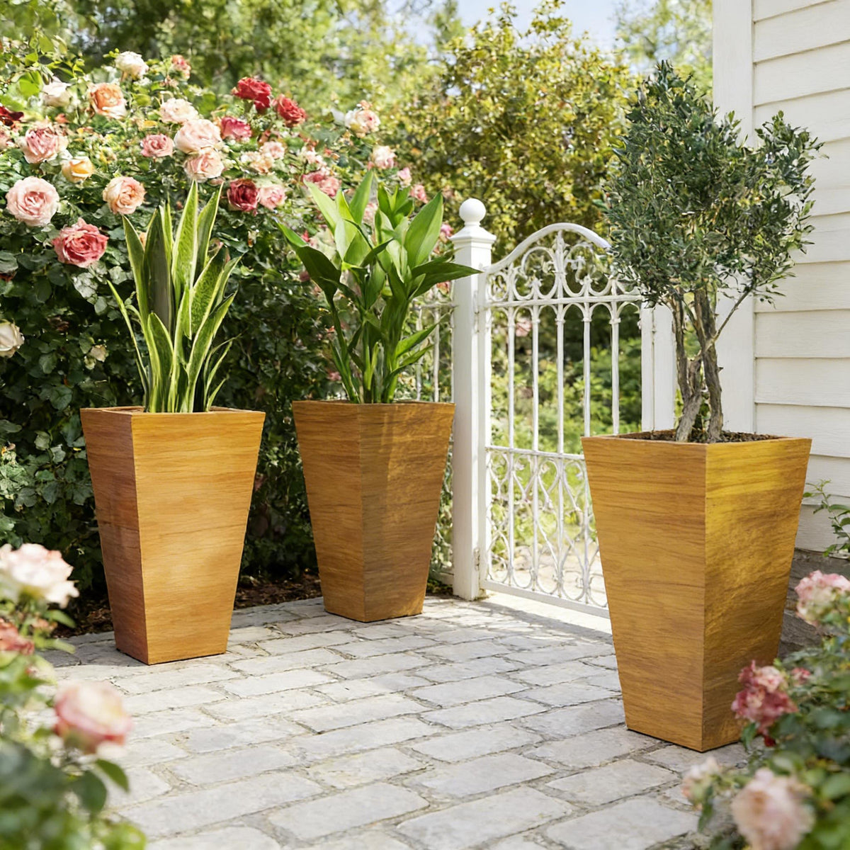 HouseOfZazla Classic set of 3 tall outdoor planters in natural wood finish with lush greenery on Tampa Home & Garden Store