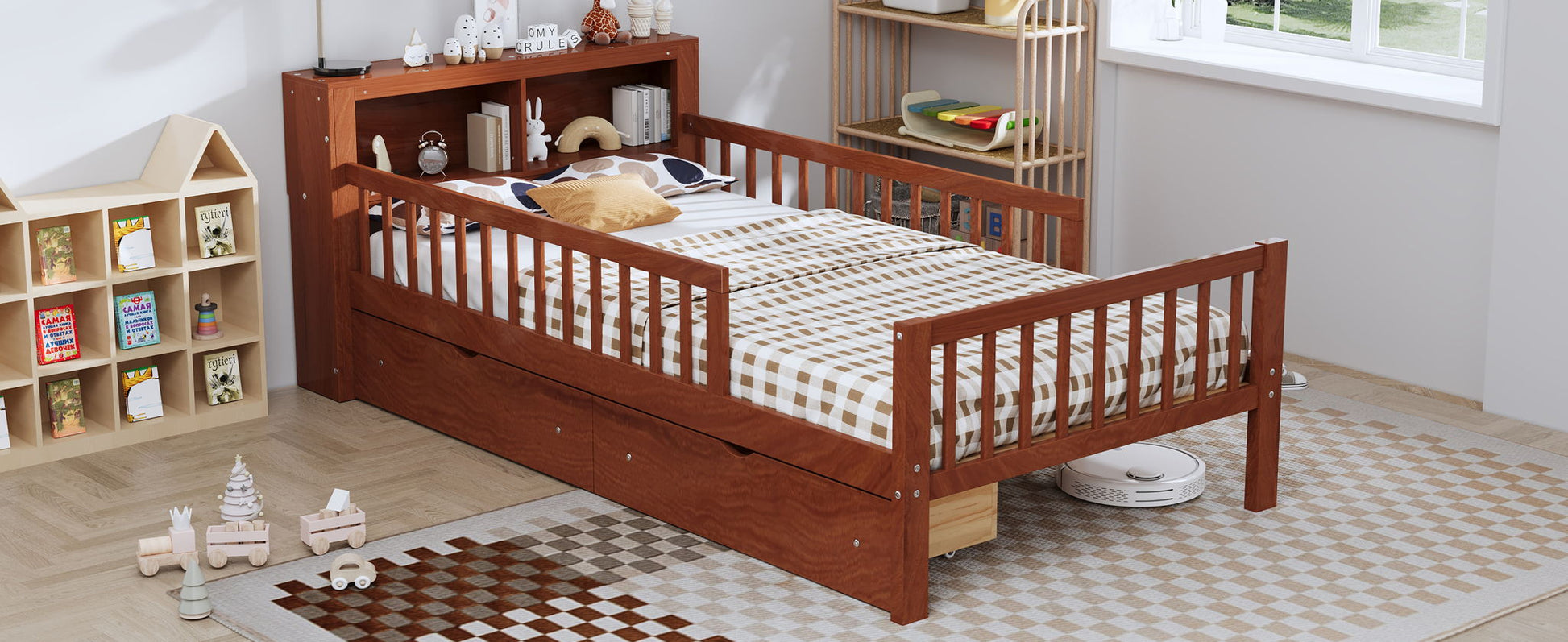 Bed with headboard storage rack in brown wood, 2 under-bed drawers, and side guardrails on Tampa Home & Garden Store