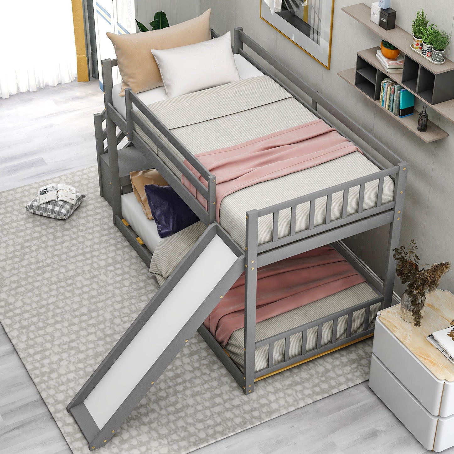 HouseOfZazla gray bunk bed set with convertible slide and stairway on Tampa Home & Garden Store