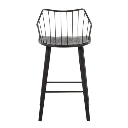 Farmhouse counter height stool with metal spindle back, black frame and gray seat on Tampa Home & Garden Store