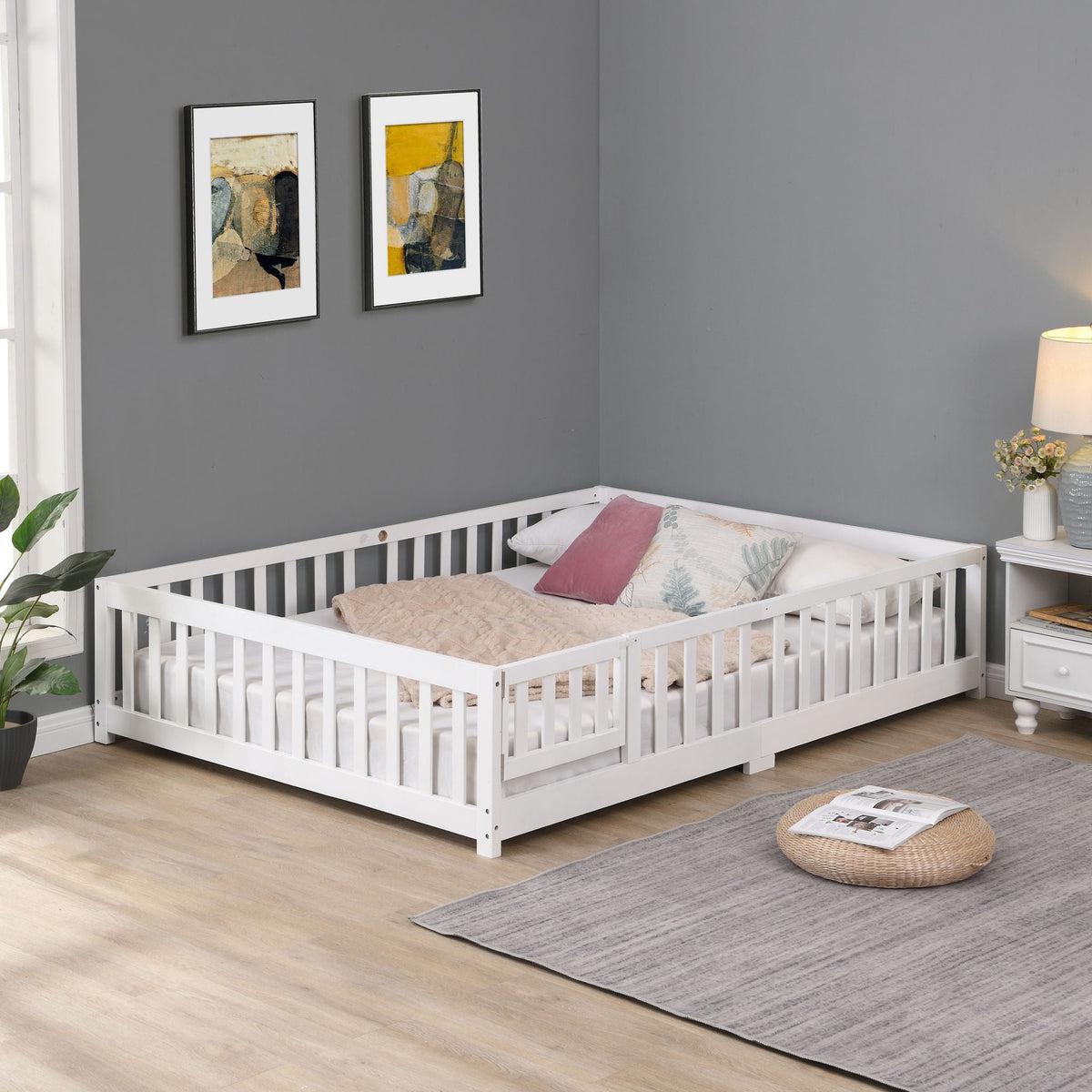 Platform bed white solid wood floor bed with kid-friendly guard rails by HouseOfZazla on Tampa Home & Garden Store