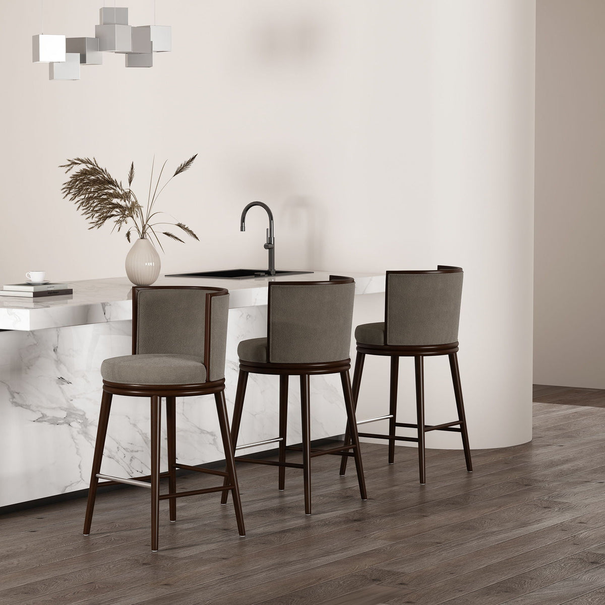 Evalyn Dove barstool set in griege fabric with stainless steel footrests and dark wood bases, 4 stools on Tampa Home & Garden Store