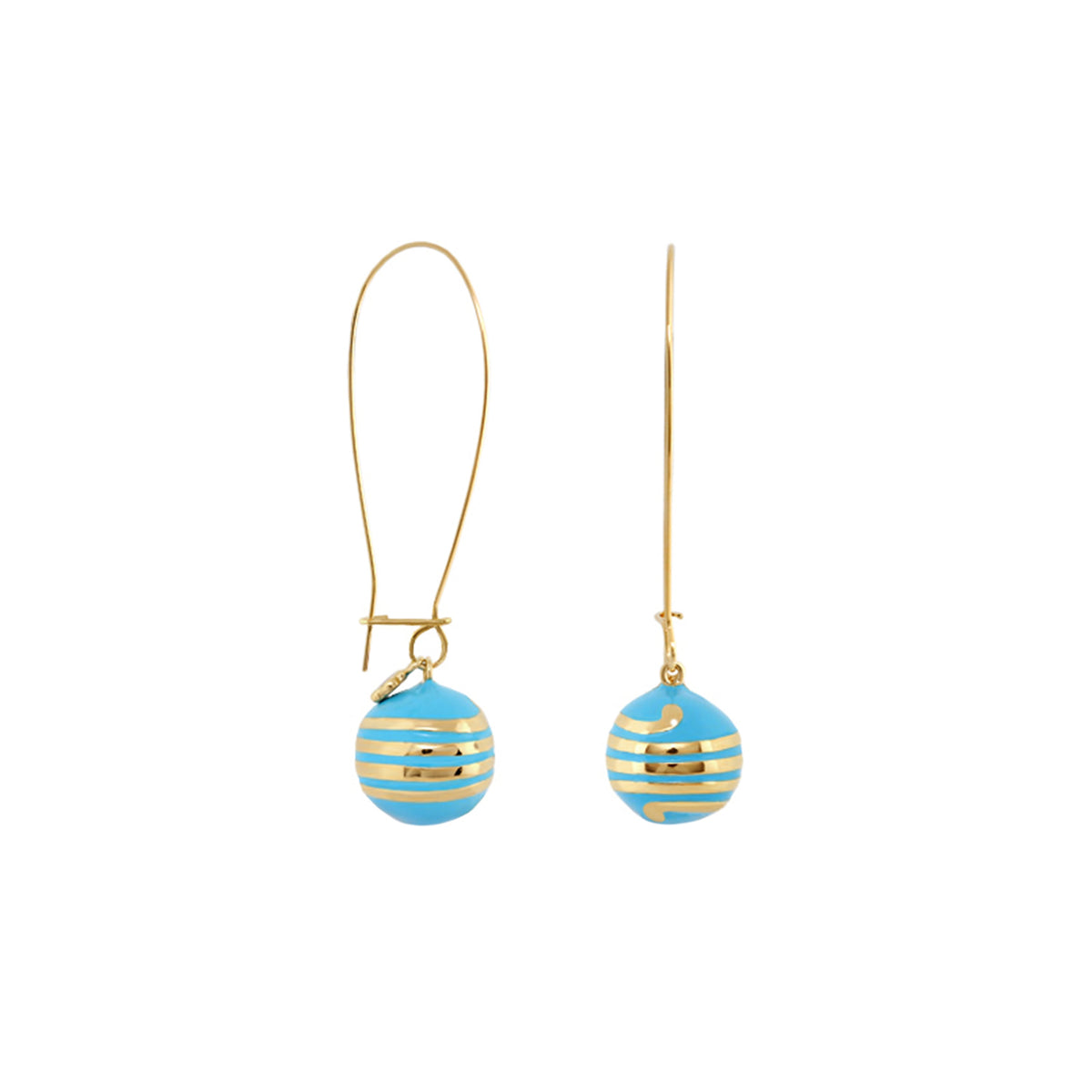 Dazzling Drops earrings, Lauren G Adams, gold-tone hooks with blue striped bead spheres on Tampa Home & Garden Store