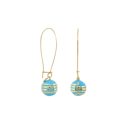 Dazzling Drops earrings, Lauren G Adams, gold-tone hooks with blue striped bead spheres on Tampa Home & Garden Store