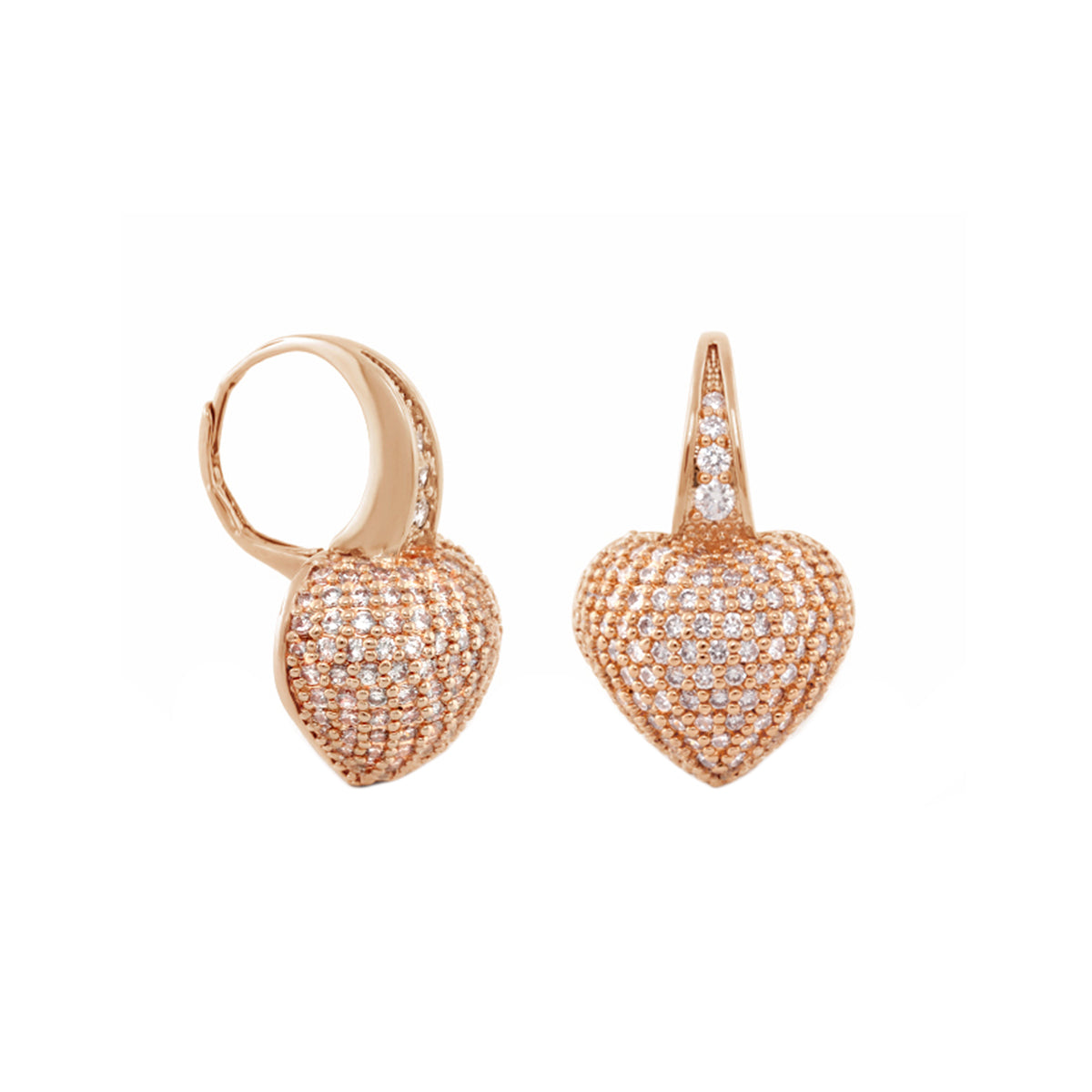 Pair of Shimmer and Glimmer earrings by Lauren G Adams, rose-gold heart pave crystal hoops on Tampa Home & Garden Store