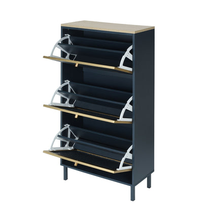 Modern Rattan 3-Door Shoe Cabinet in navy with light wood top and gold trim, open shelves on Tampa Home & Garden Store