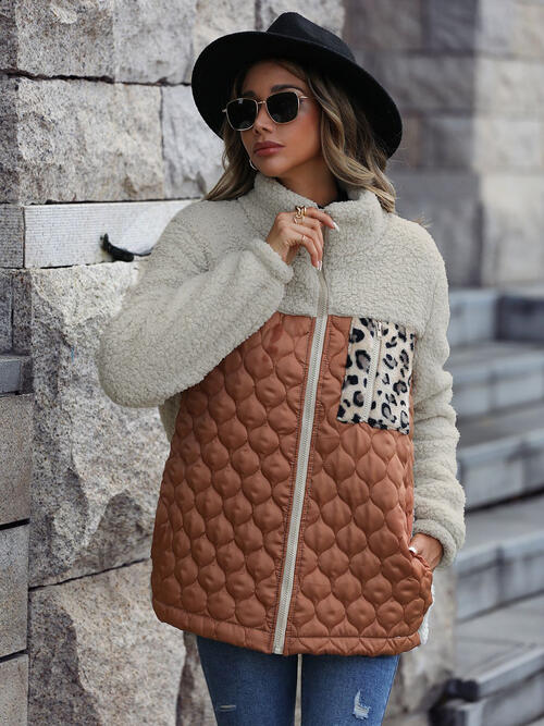 Stevvex leopard color-block zip-up jacket with sherpa sleeves brown quilted front pockets on Tampa Home & Garden Store