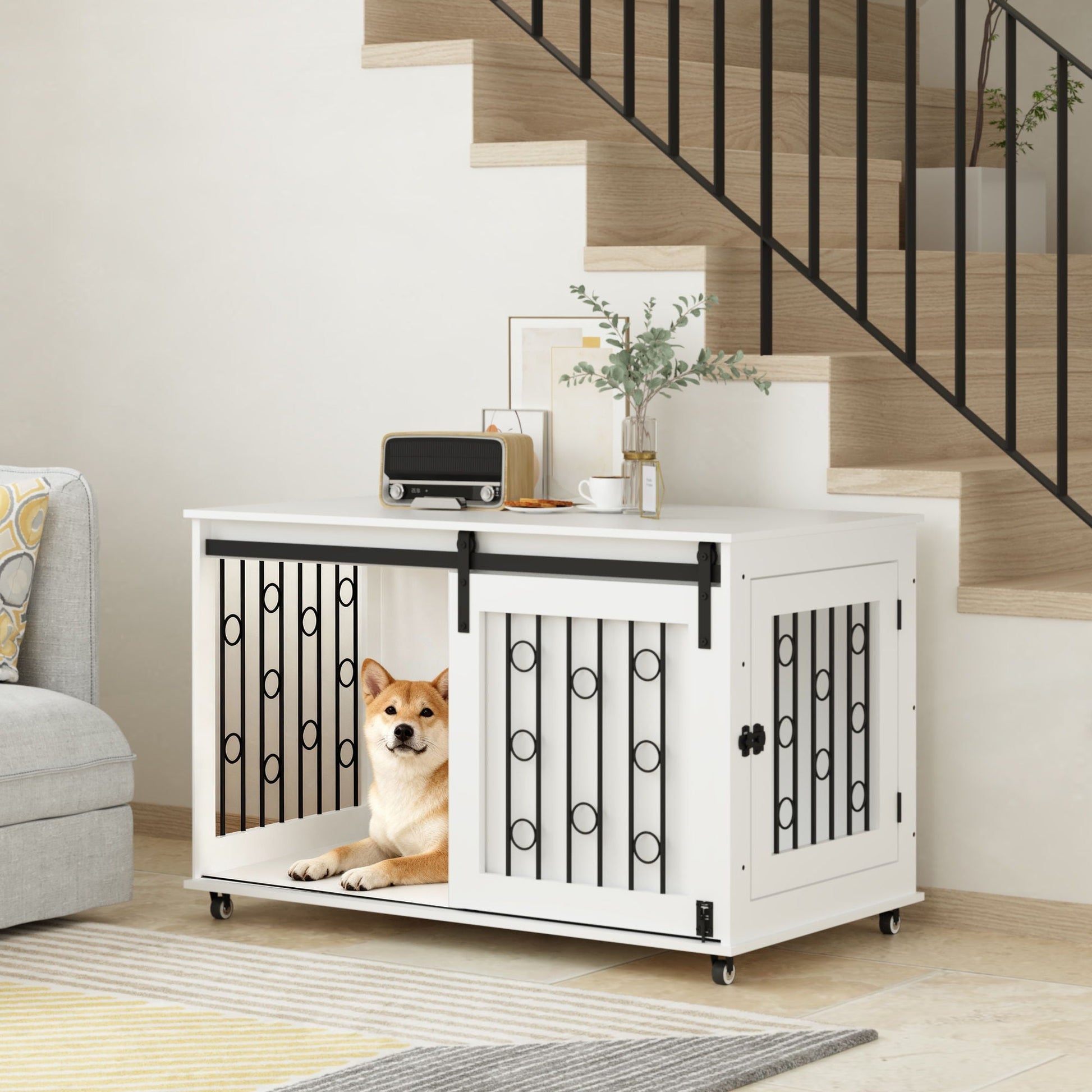White dog crate with sliding barn door and side access, black bars, wheels by HouseOfZazla on Tampa Home & Garden Store