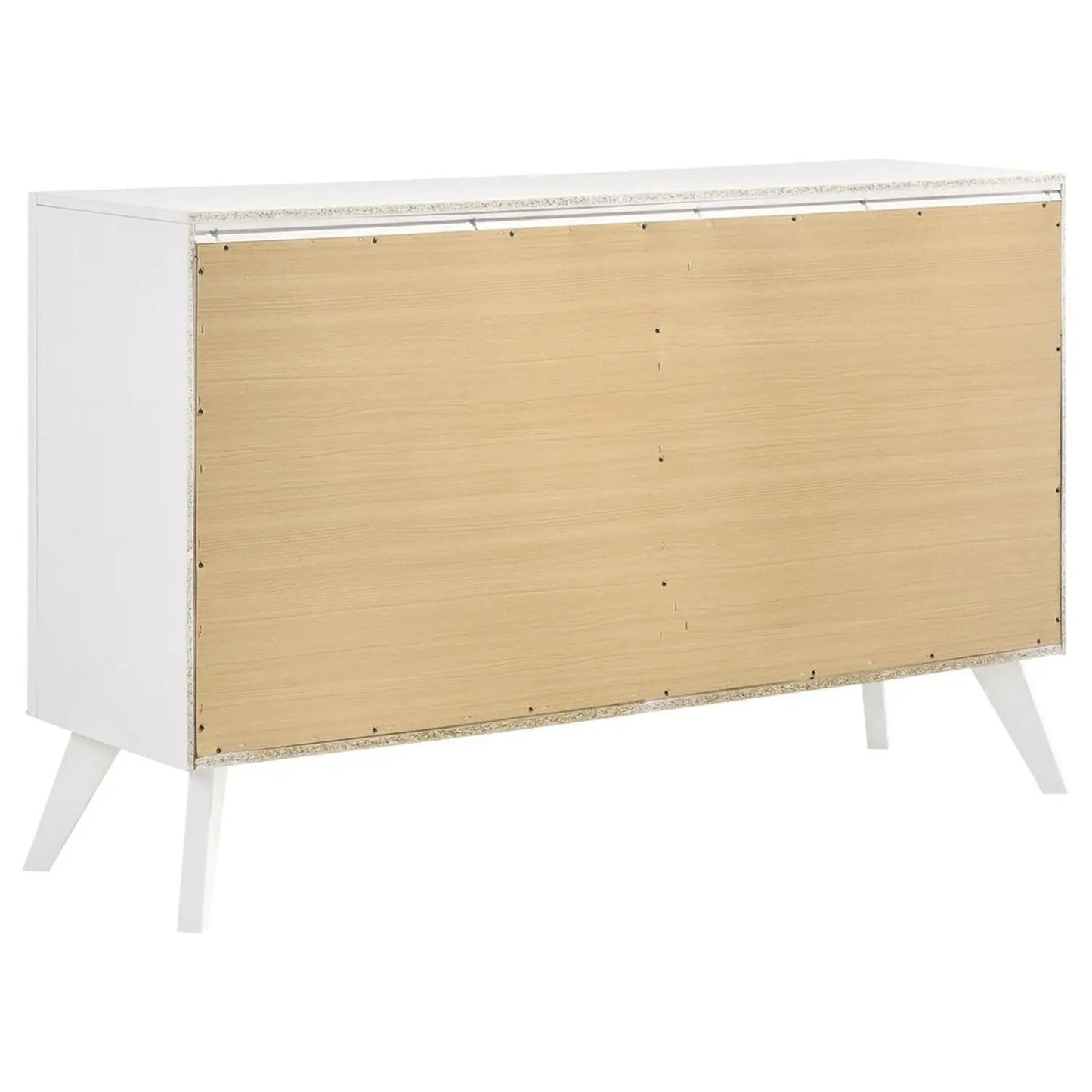 Dresser with angled white legs and exposed plywood back panel on Tampa Home & Garden Store