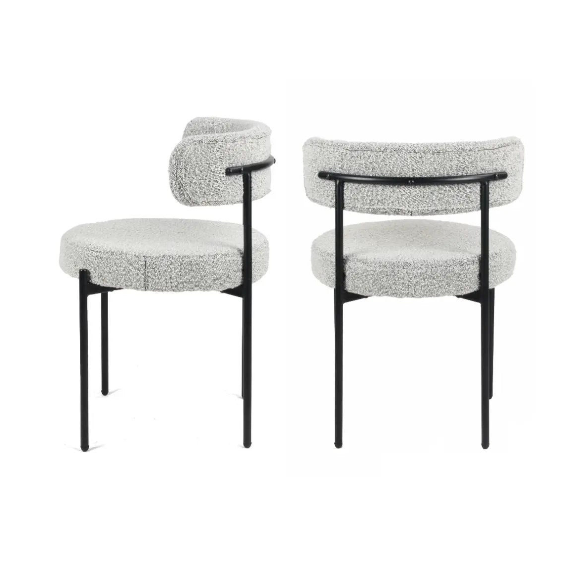 Burbank Modern Round Bouclé Dining Chairs set of 2 with black metal legs and light gray boucle on Tampa Home & Garden Store