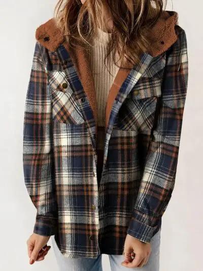 Plaid Snap Down Plush Hooded Jacket Women Warm
