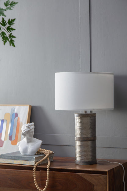D16x24.4-inch Hammered Iron Table Lamp, mango wood base, white shade on Tampa Home & Garden Store