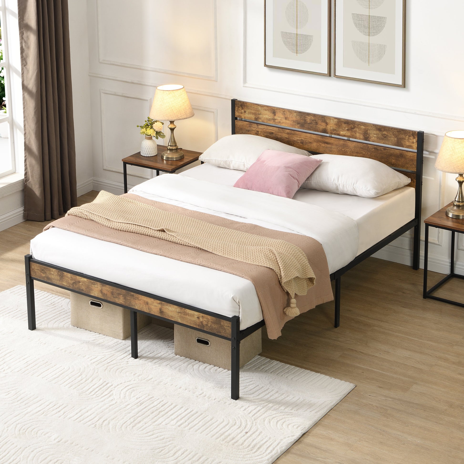 Two full size bed frames with wood headboards in distressed brown and black metal bases on Tampa Home & Garden Store