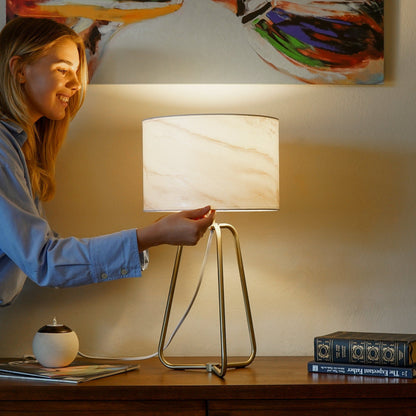 Optima desk lamp white with marble shade and brass tripod base on Tampa Home & Garden Store