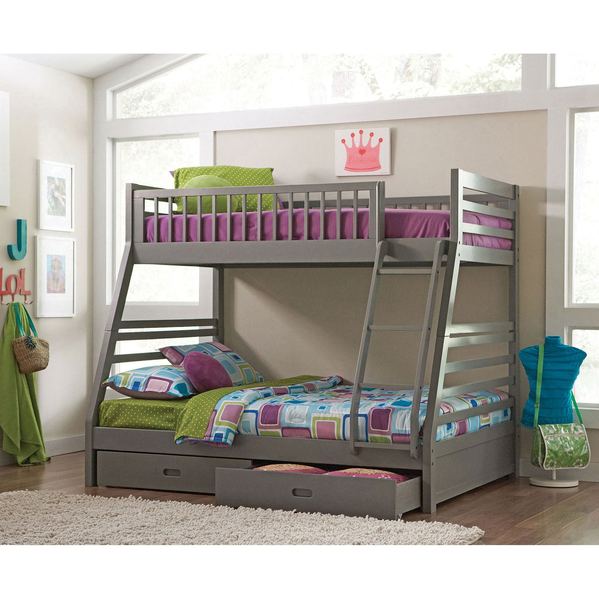 Keira Twin Over Full Bunk Bed with Gray Drawers