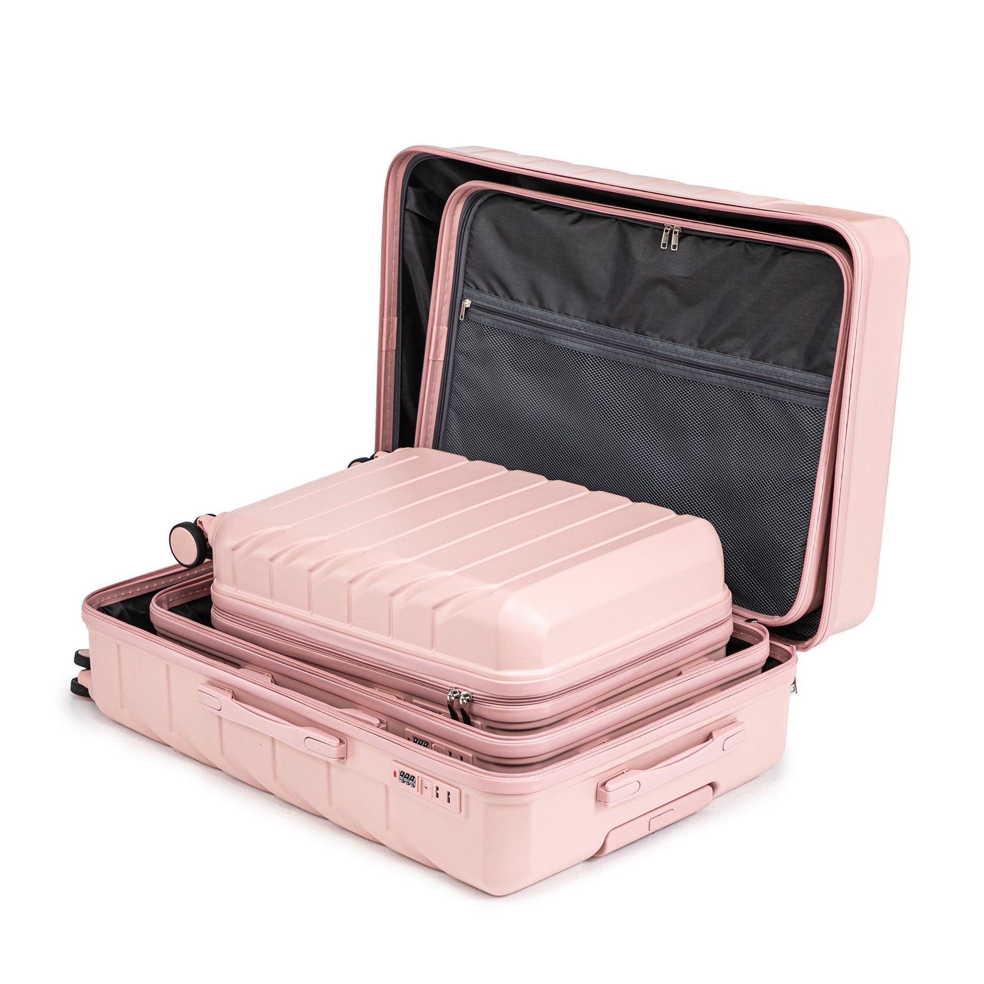 Pink 3-piece spinner luggage set with 20in 24in 28in cases and interior mesh pocket on Tampa Home & Garden Store