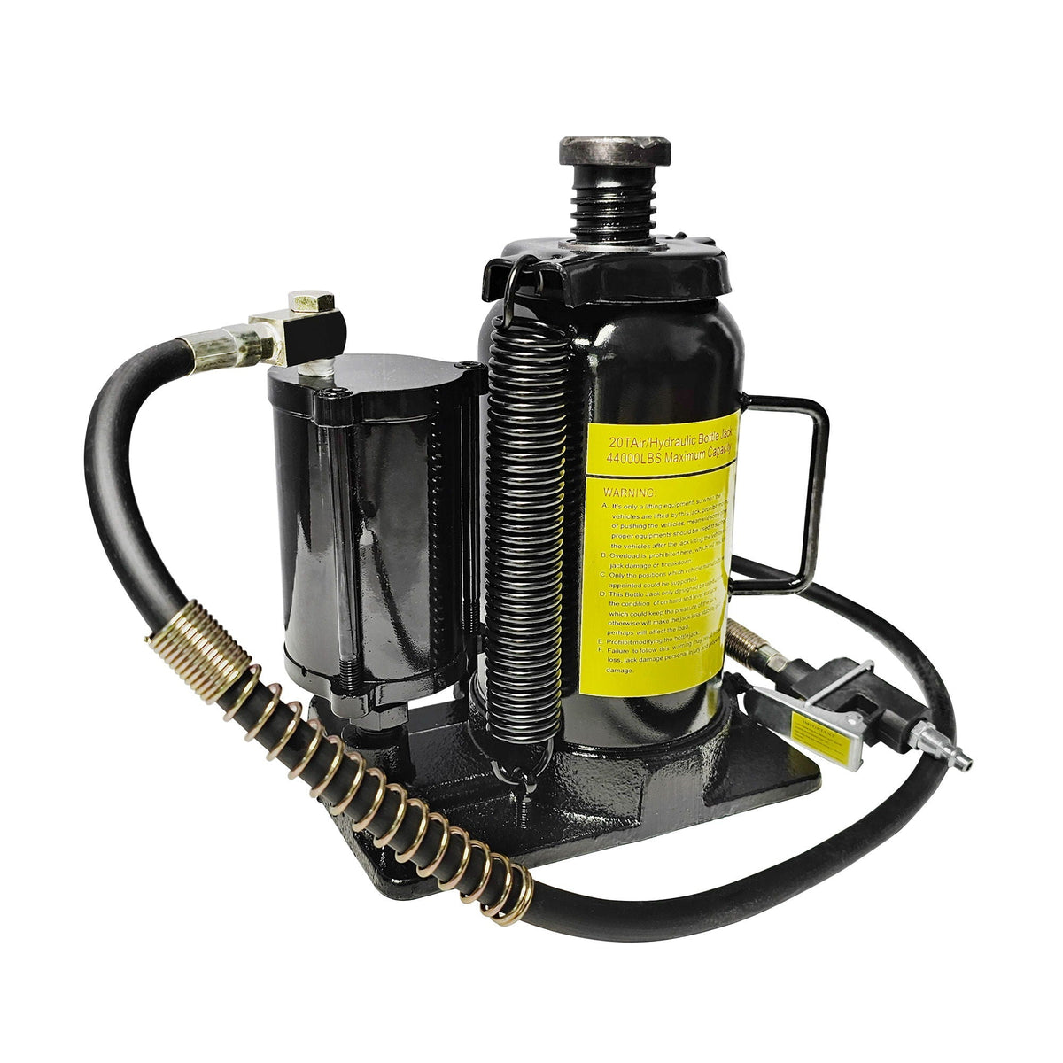 Air hydraulic bottle jack 20-ton capacity, black with yellow safety label and visible coil spring on Tampa Home & Garden Store