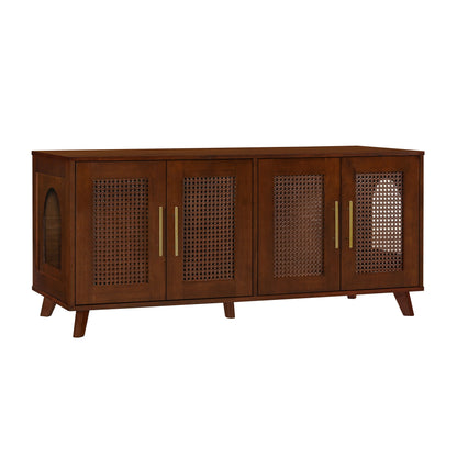 Myra indoor rubber wood cat cabinet with cozy cushion, cane-front doors, gold handles on Tampa Home & Garden Store