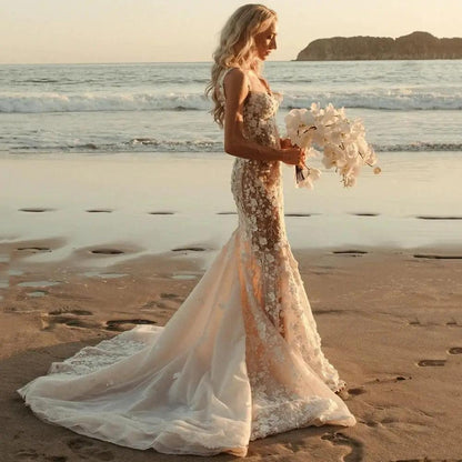 Mermaid wedding dress with 3D lace appliques in ivory, sheer lace, long train FLIPSTYLEZLLC on Tampa Home & Garden Store