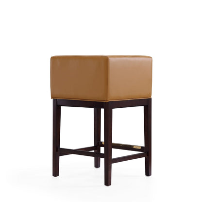 Counter stool with tan upholstered seat and back on a dark beech wood frame counter height on Tampa Home & Garden Store