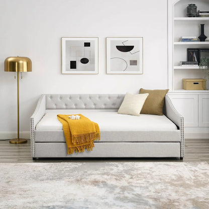 Upholstered Tufted Daybed With Drawers Waved Arms