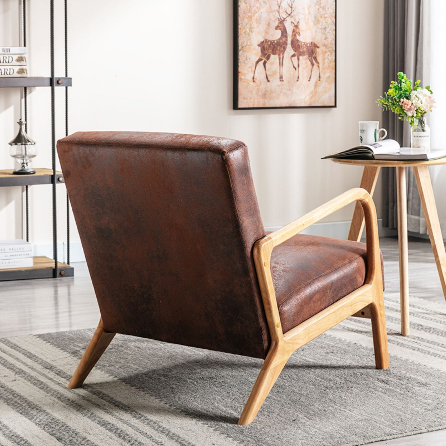 HouseOfZazla Mid-Century Modern Arm Chair with brown leather and open wood frame on Tampa Home & Garden Store