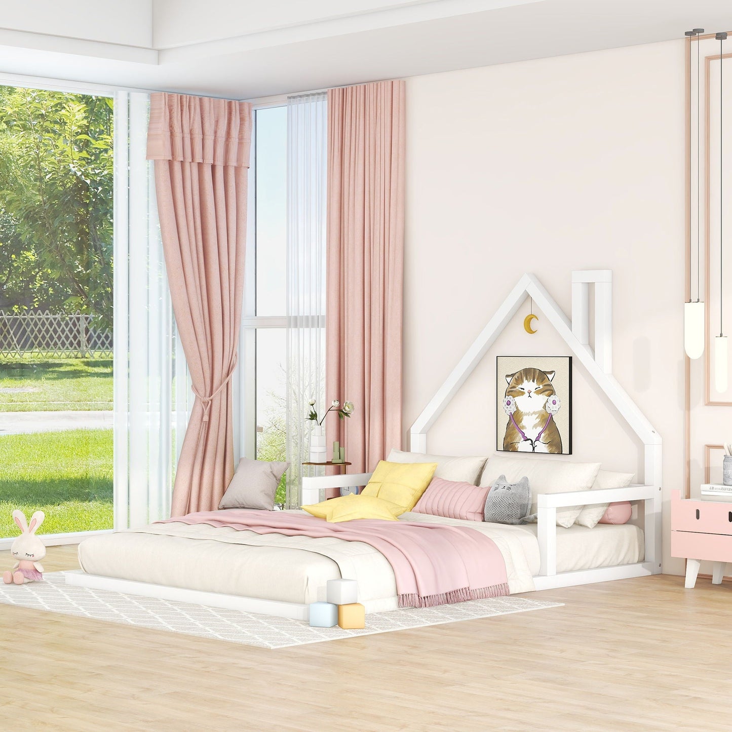 Elegant white floor bed with a house-shaped headboard, pastel pink bedding by HouseOfZazla on Tampa Home & Garden Store