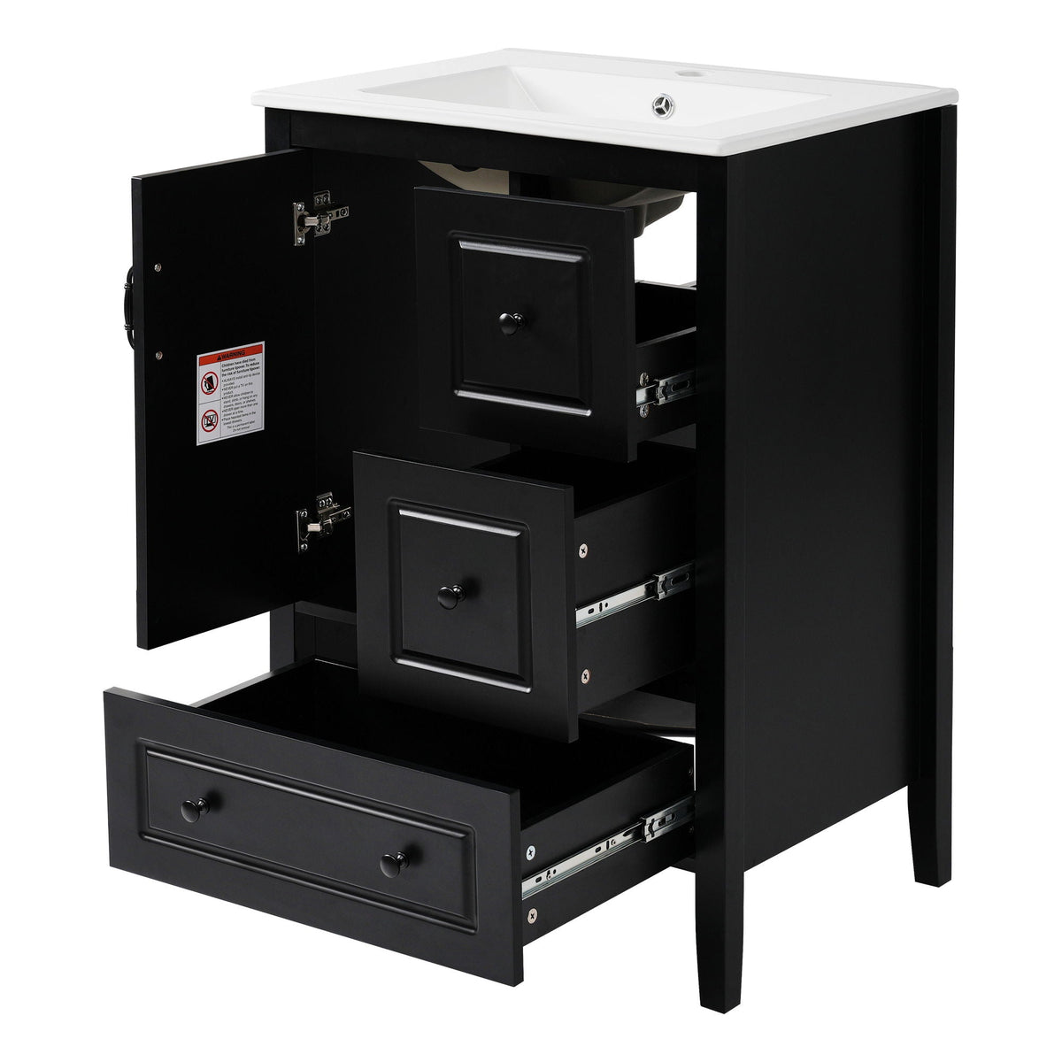 Retro bathroom vanity with white ceramic sink and black cabinet, soft-close drawers on Tampa Home & Garden Store