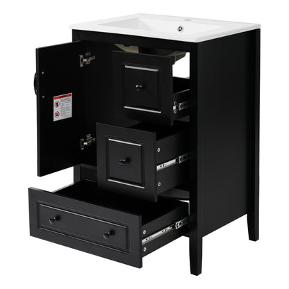 Retro bathroom vanity with white ceramic sink and black cabinet, soft-close drawers on Tampa Home & Garden Store