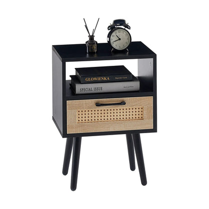 15.75in Rattan End Table with Drawer and black legs, black top, clock and diffuser on Tampa Home & Garden Store
