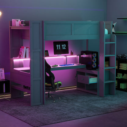 Gaming loft bed with desk, LED lighting, teal storage shelves by HouseOfZazla on Tampa Home & Garden Store