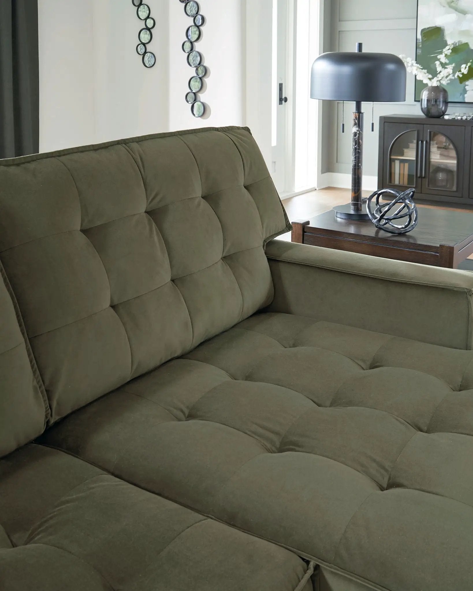 Caspian-Town stationary sectional in olive green tufted upholstery by Unique Piece Furniture on Tampa Home & Garden Store