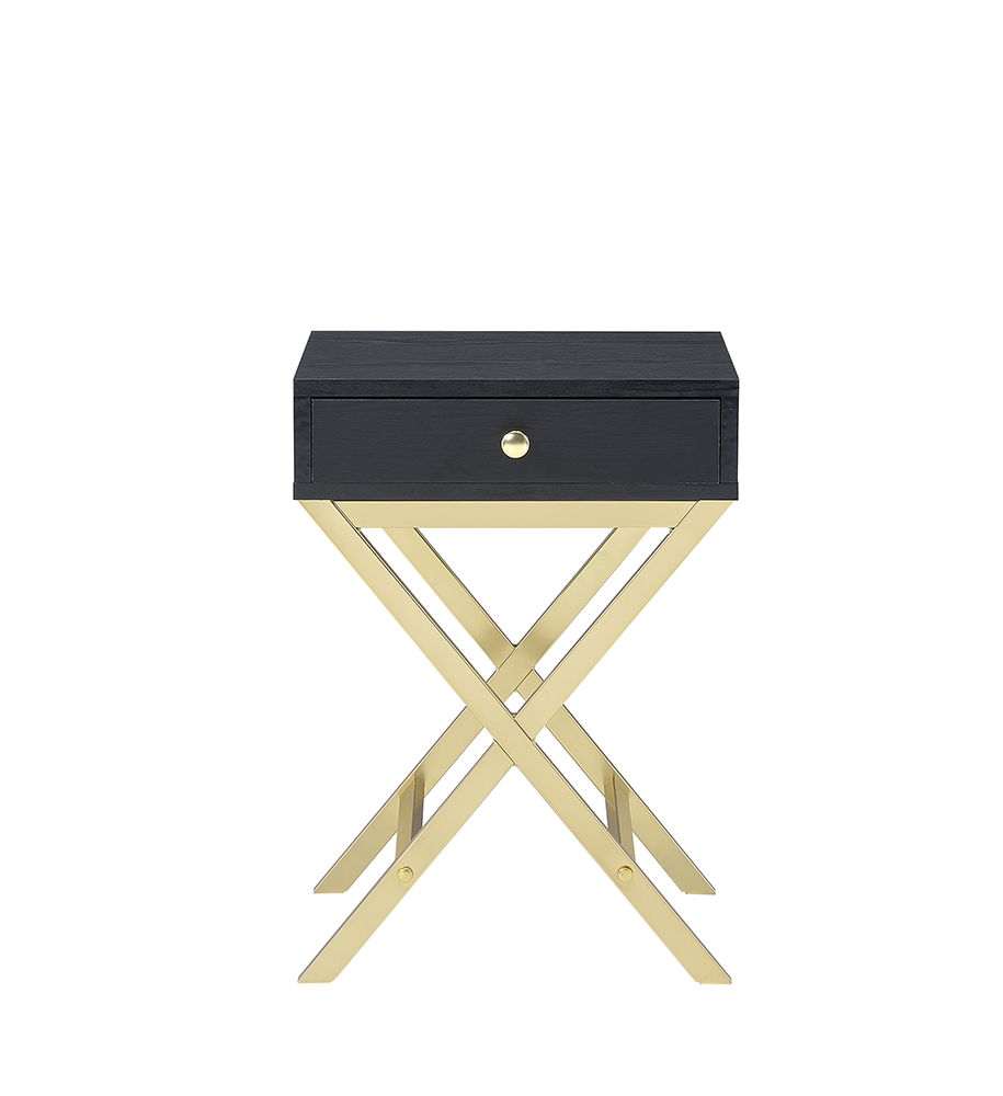 Coleen Accent Table with black wooden drawer and gold crisscross legs on Tampa Home & Garden Store