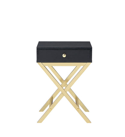 Coleen Accent Table with black wooden drawer and gold crisscross legs on Tampa Home & Garden Store