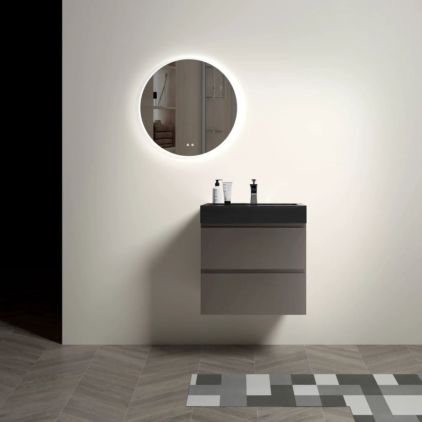 Alice vanity with sink floating wall-mounted unit black countertop and round backlit mirror on Tampa Home & Garden Store
