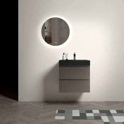 Alice vanity with sink floating wall-mounted unit black countertop and round backlit mirror on Tampa Home & Garden Store
