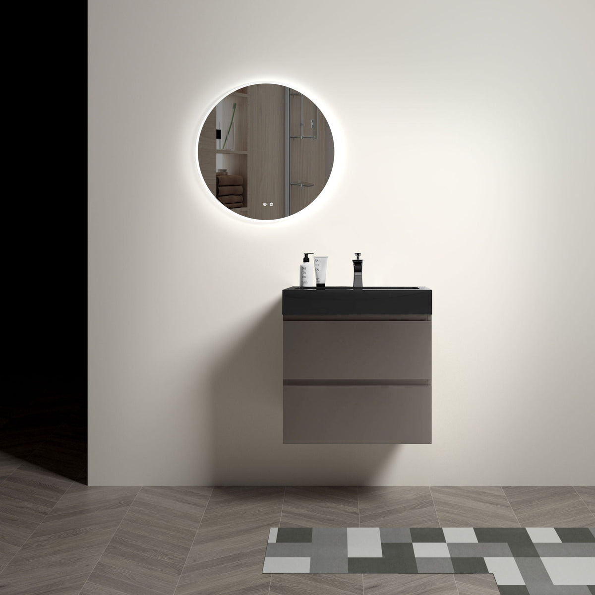 Alice bathroom vanity with sink by HouseOfZazla, black glossy counter with round LED mirror on Tampa Home & Garden Store