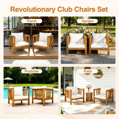 Set of 2 Acacia Wood Club Chairs for Outdoor Use