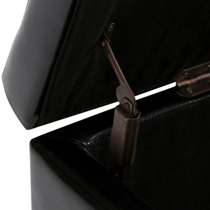 Hamilton Upholstered Storage Ottoman with dark fabric and brown leather hinge strap on Tampa Home & Garden Store