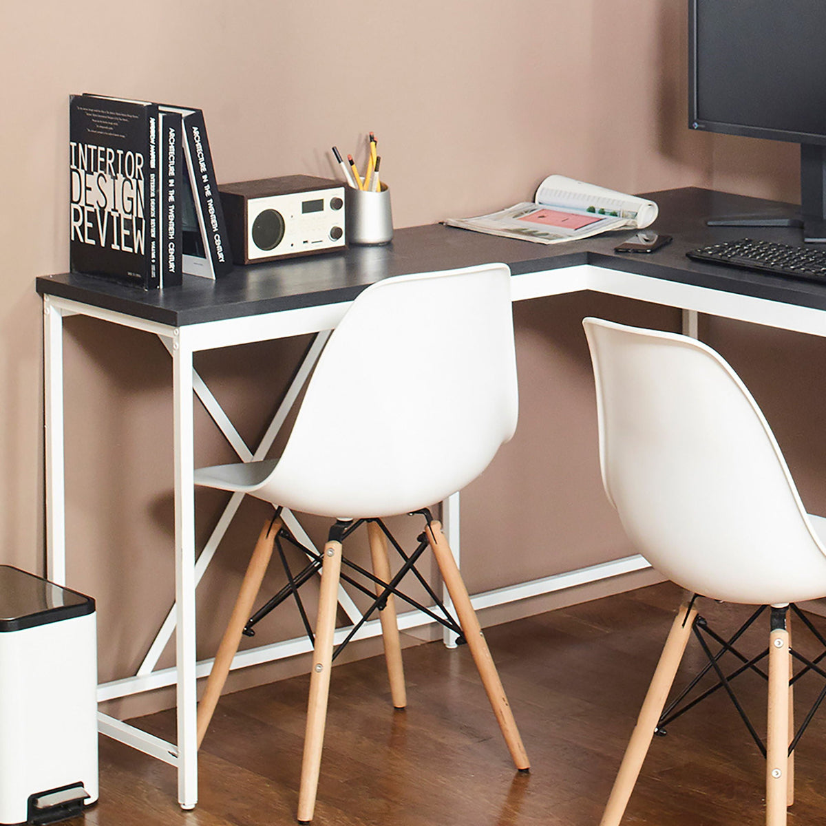 Olympus Corner Desk with eco-friendly board in dark gray, white legs on Tampa Home & Garden Store