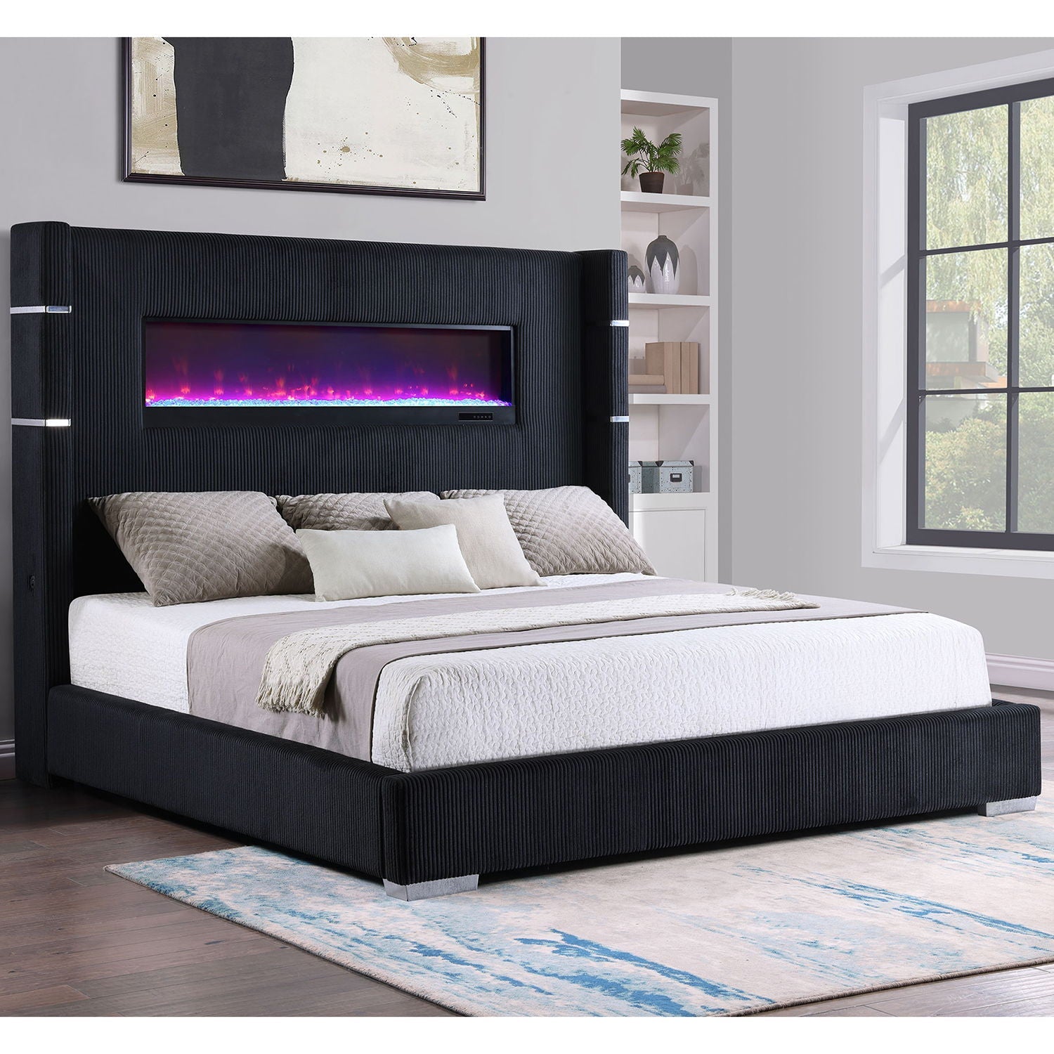 Judah - Flame Visualizer Bed, black ribbed upholstered bed with built-in fireplace headboard on Tampa Home & Garden Store