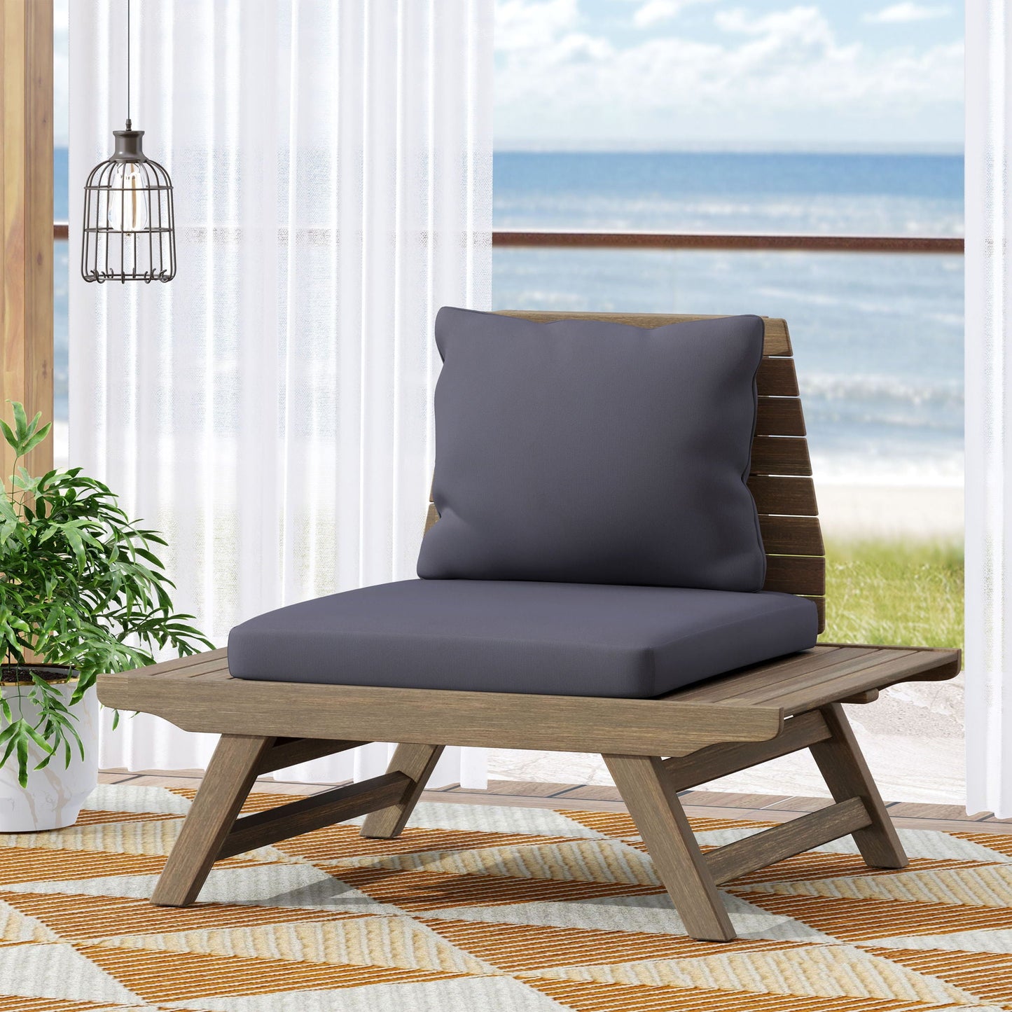 Sedona Outdoor Chair with slatted wood and gray cushions HouseOfZazla on Tampa Home & Garden Store