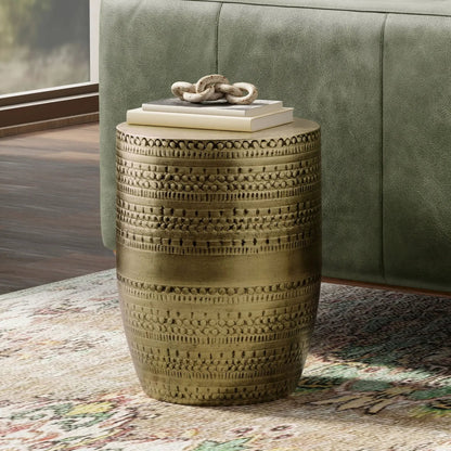 Johnsen Handcrafted Large Metal Accent Table with gold finish and knot sculpture on Tampa Home & Garden Store
