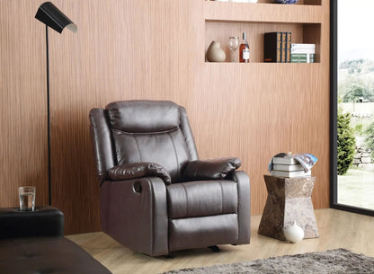 Ward rocker recliner by Unique Piece Furniture in dark brown leather in wood-paneled living room on Tampa Home & Garden Store