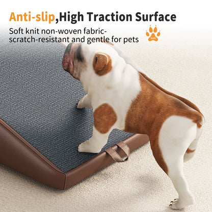 Foldable wooden dog ramp for small dogs and cats with grey fabric surface beagle on it on Tampa Home & Garden Store