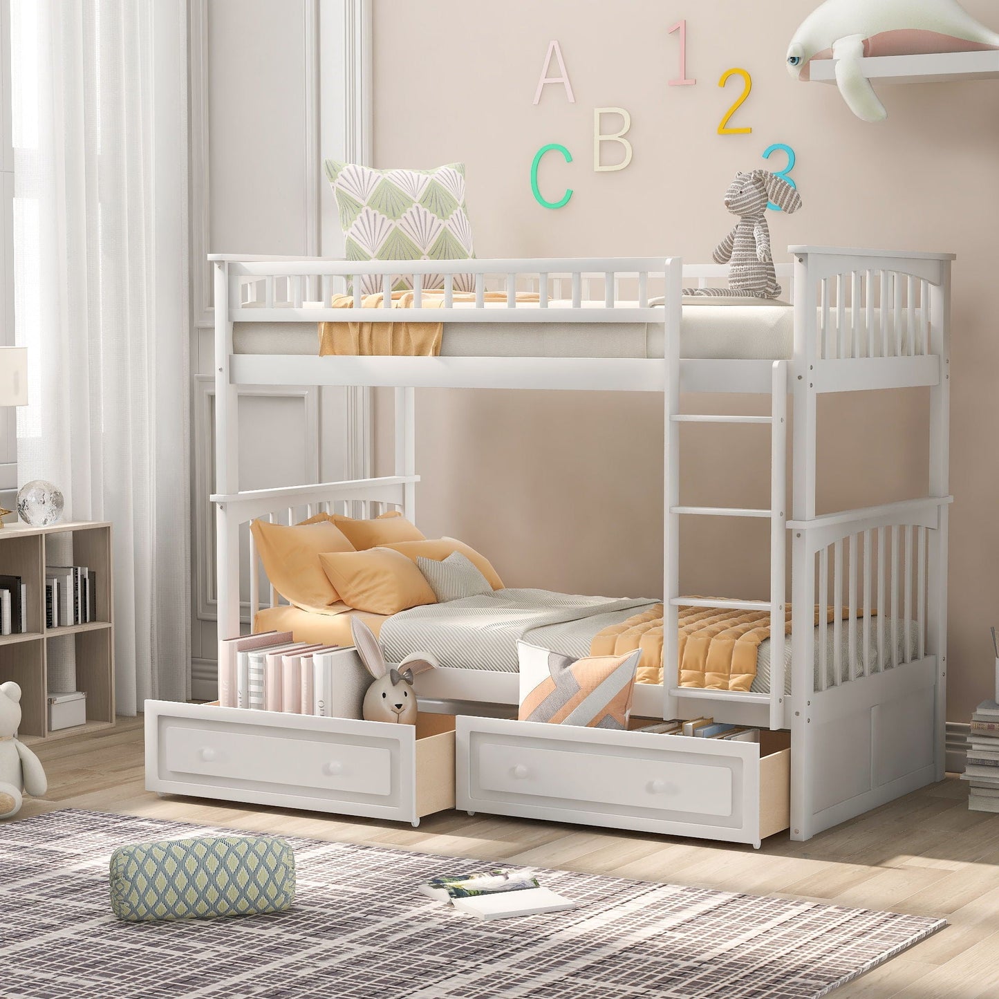 Twin Over Twin Bunk Bed with Drawers by HouseOfZazla, white wood finish on Tampa Home & Garden Store
