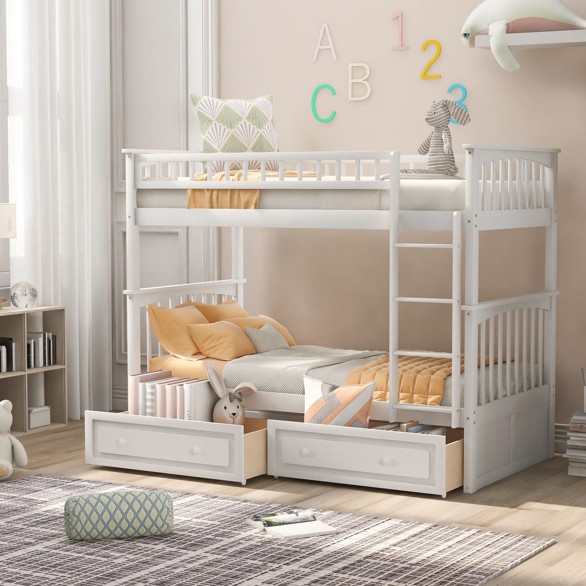 Twin Over Twin Bunk Bed with Drawers by HouseOfZazla, white wood finish on Tampa Home & Garden Store